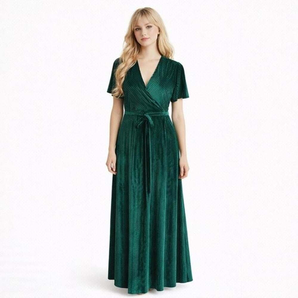 Baltic Born Women XL Andi Velvet Wrap Dress Maxi Emerald Green Ribbed V Neck Tie